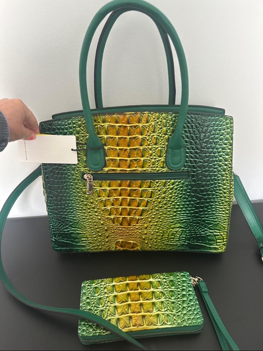 Green & Yellow Croc-Embossed Satchel with Detachable Strap - Picture 10 of 13